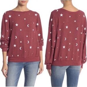 Wildfox Essential Moon & Stars Celestial Print Pullover Sweatshirt Brick Red Sm